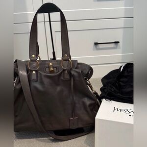 Yves Saint Laurent Taupe Leather Tote with Gold Accents